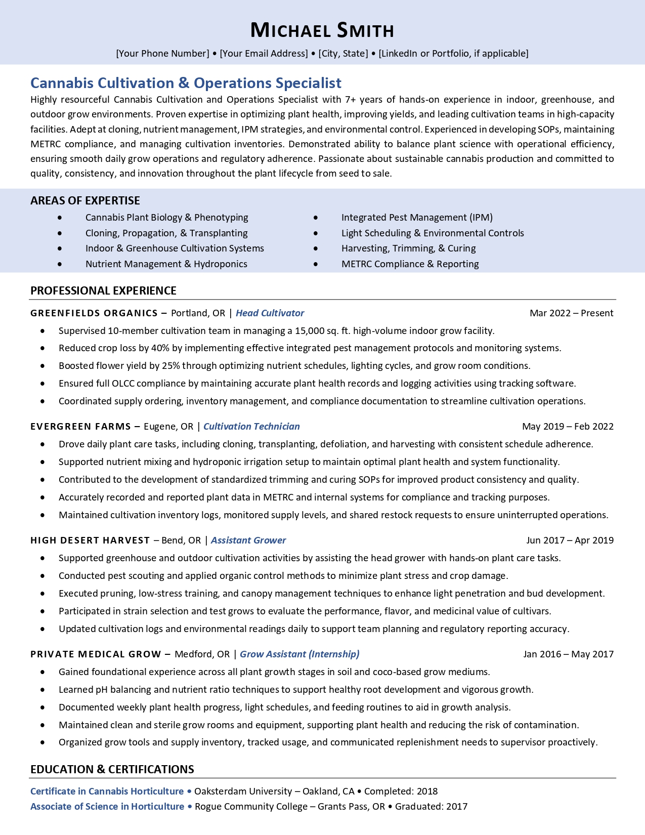 cannabis industry resume - cultivation specialist - sample draft from Resumeble