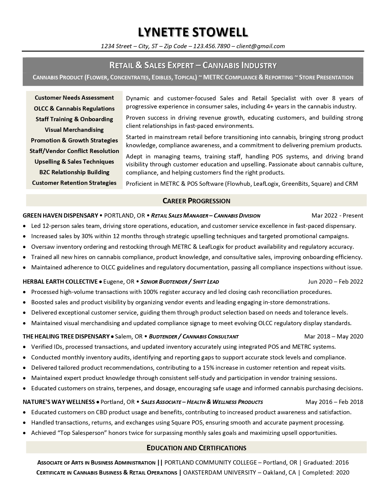 cannabis industry resume - sales & retail niche - sample resume draft from Resumeble
