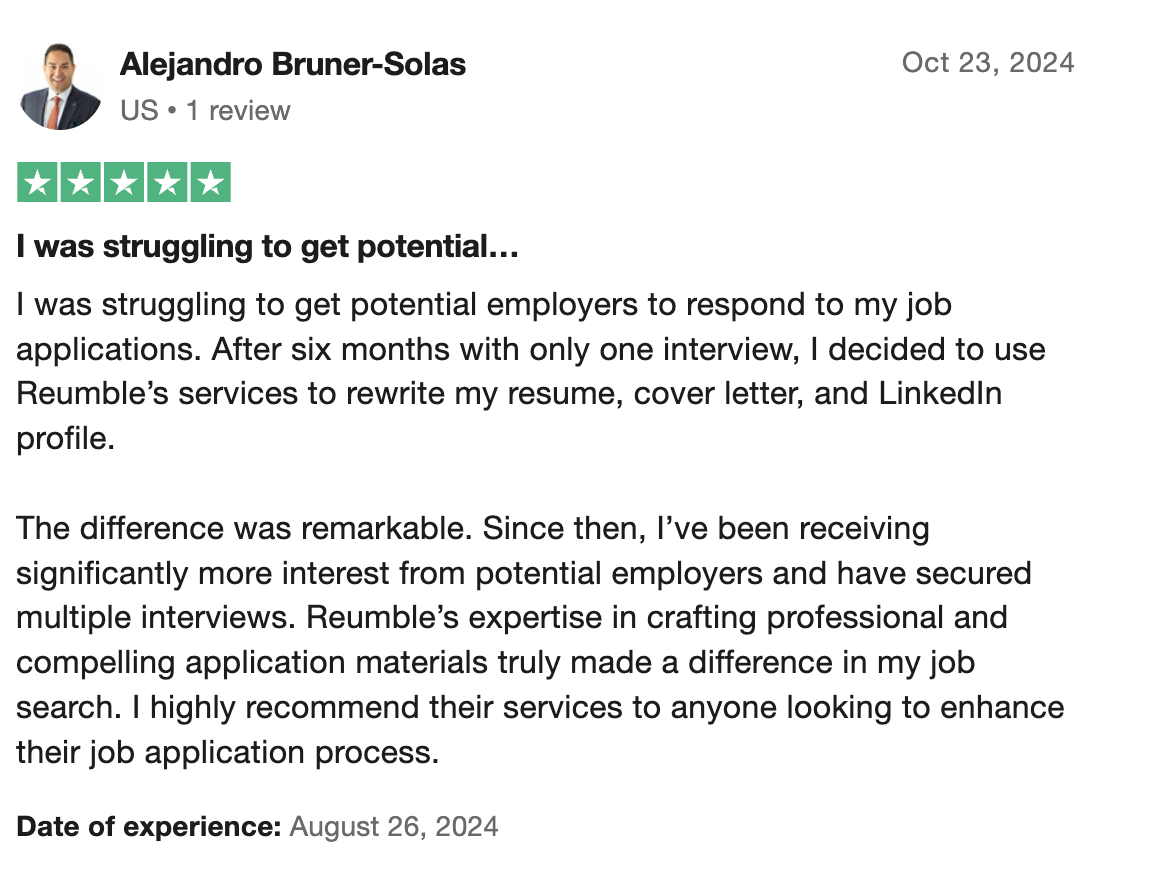 Trustpilot review of Resumeble services and how we helped