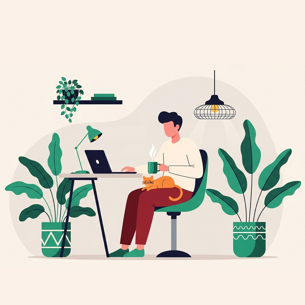 Work from home employee with a cat in his lap demonstrating benefits of remote work, by Resumeble