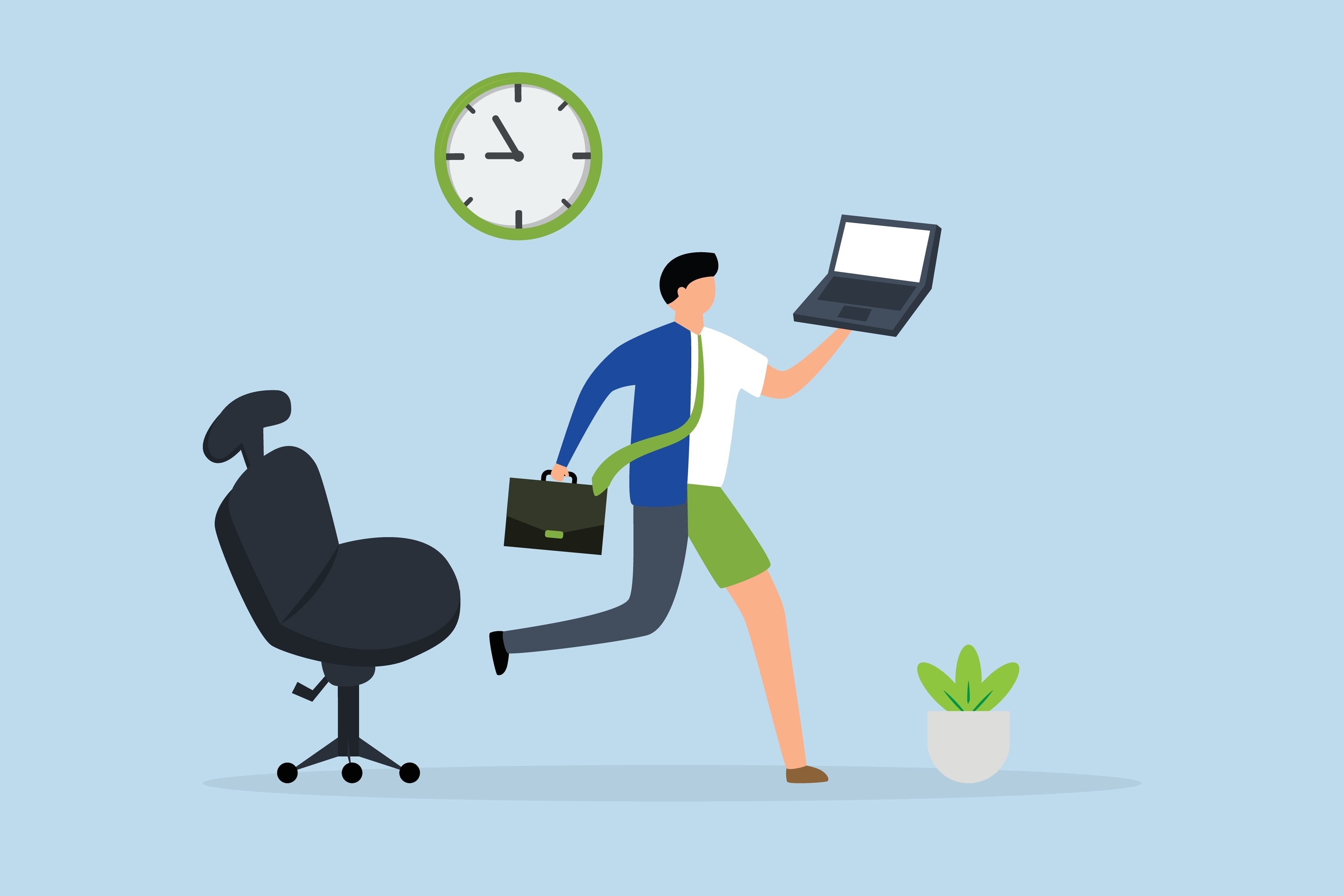 Man juggling working from home and office symbolizing the winning concept of the hybrid work - Resumeble