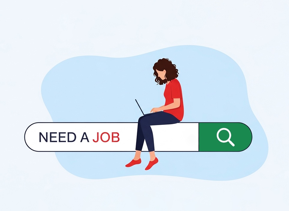 Woman sitting on a search bar looking for a job - Resumeble