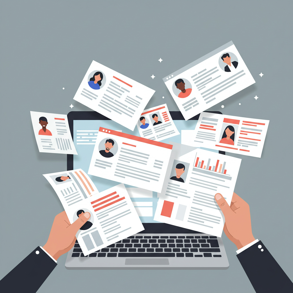 Resumes falling into the laptop symbolizing ATS sorting through job applications - Reusmeble