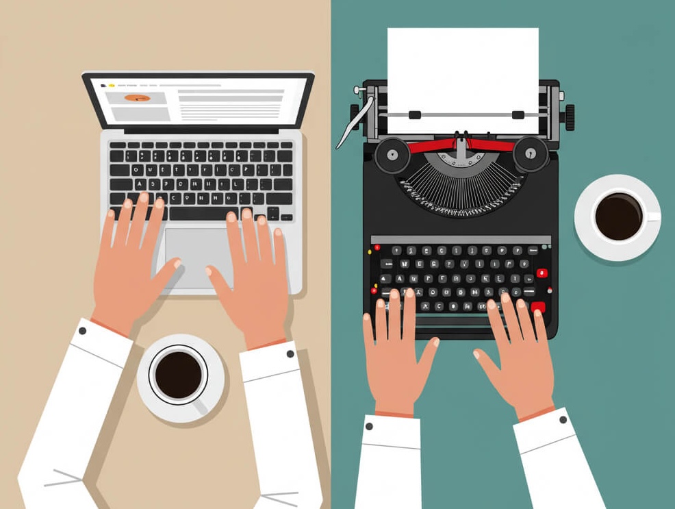 laptop vs typewriter symbolizing old vs new