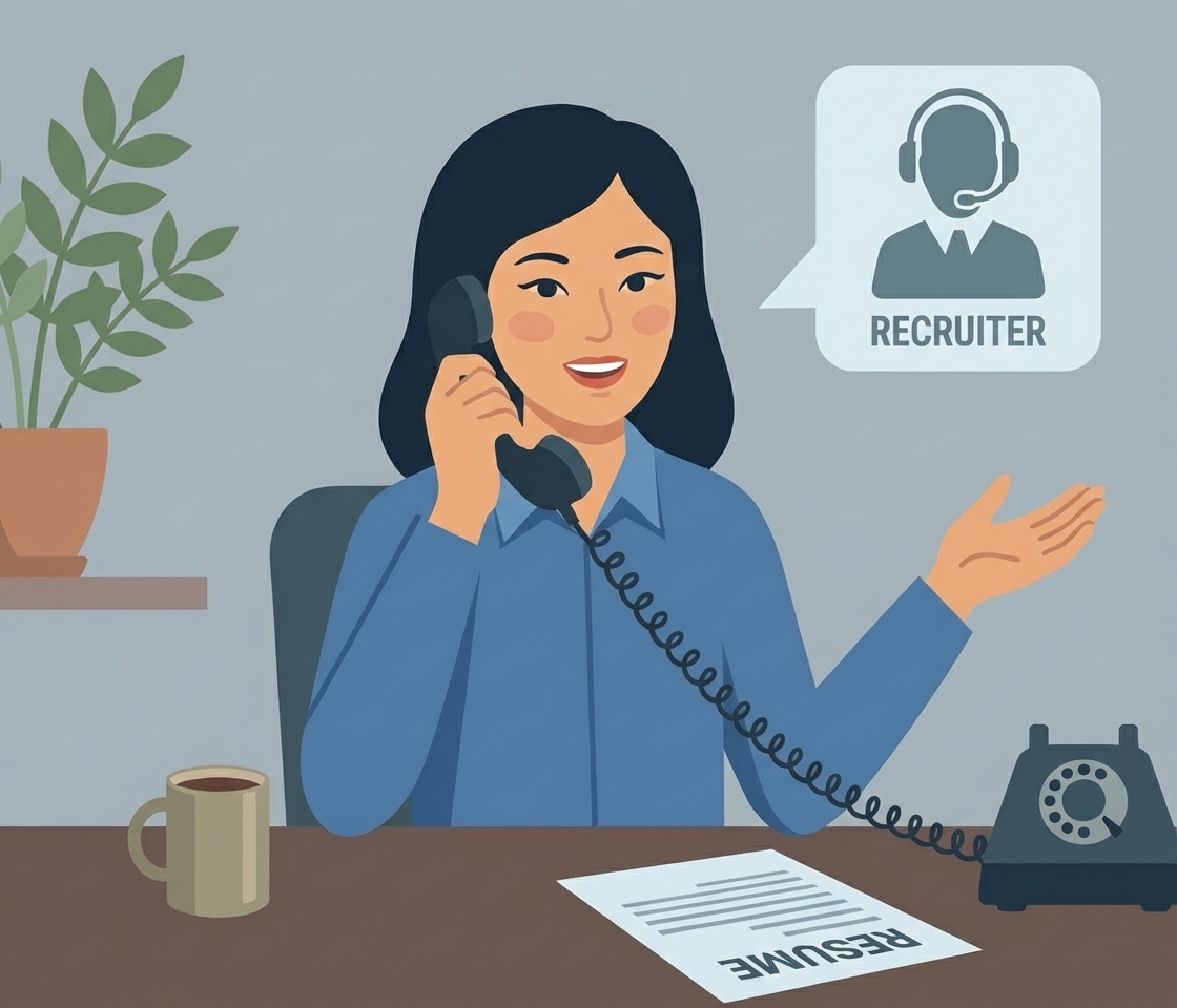 Asian female during a phone interview with a recruiter - Resumeble