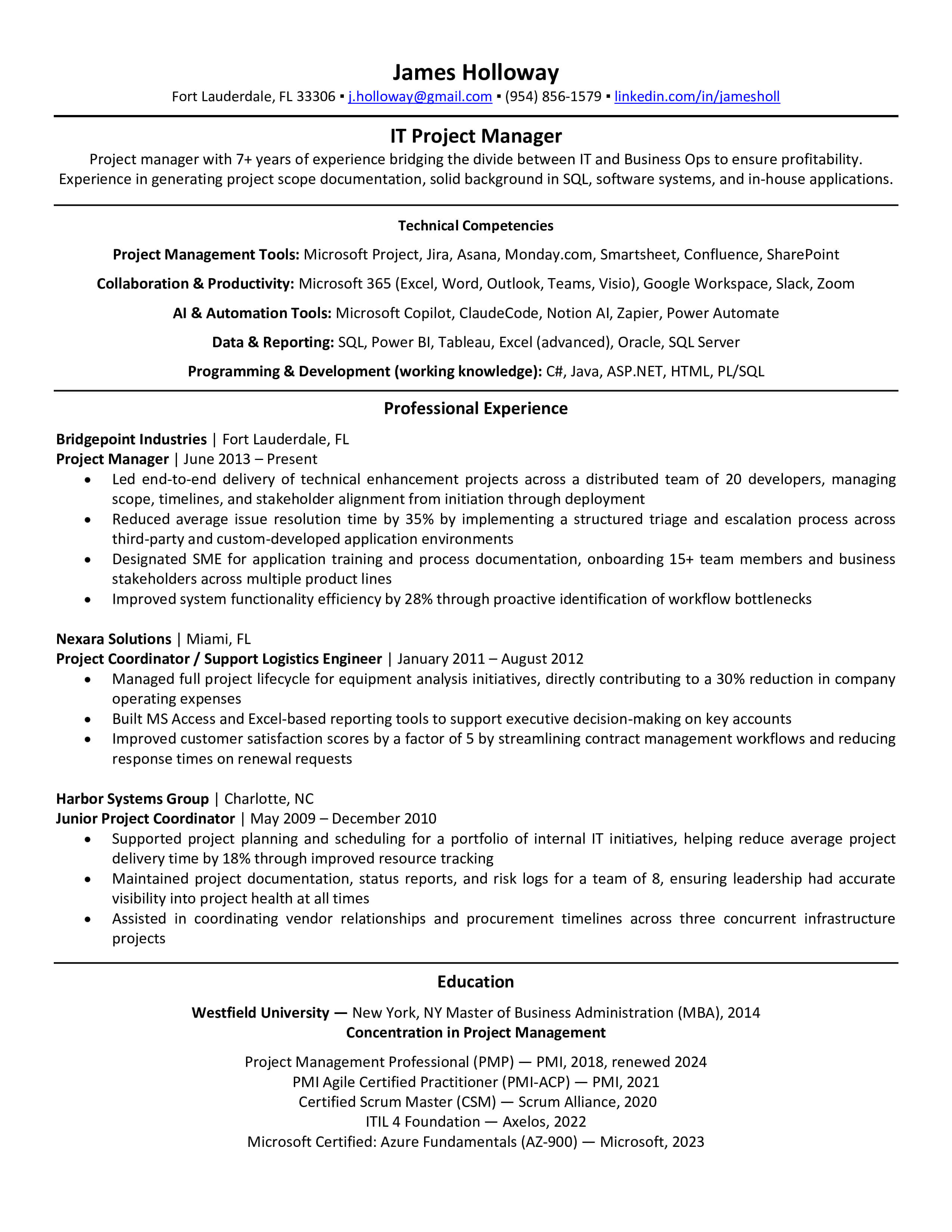 Project manager resume example