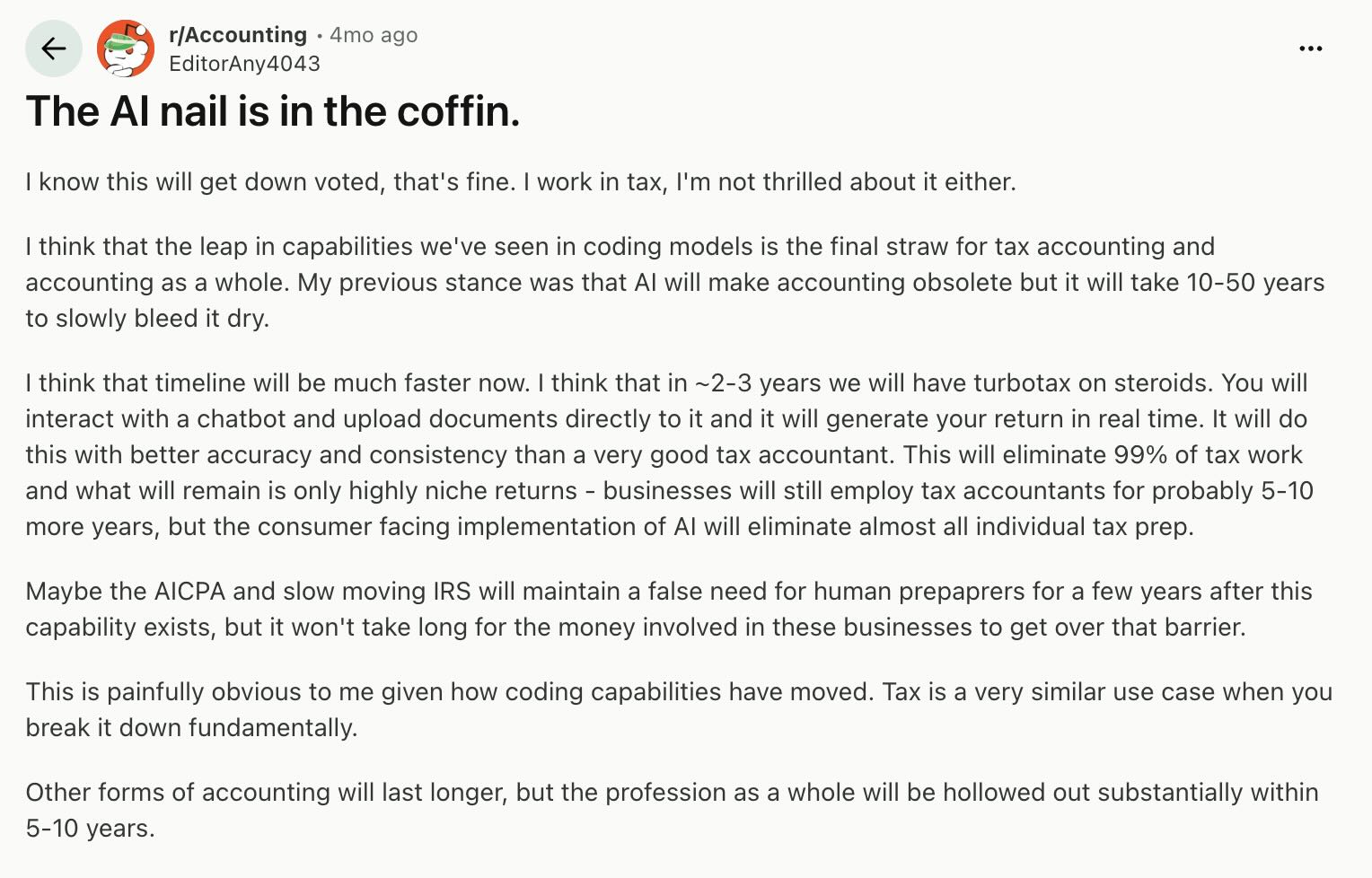 What people are saying on reddit about AI and accounting