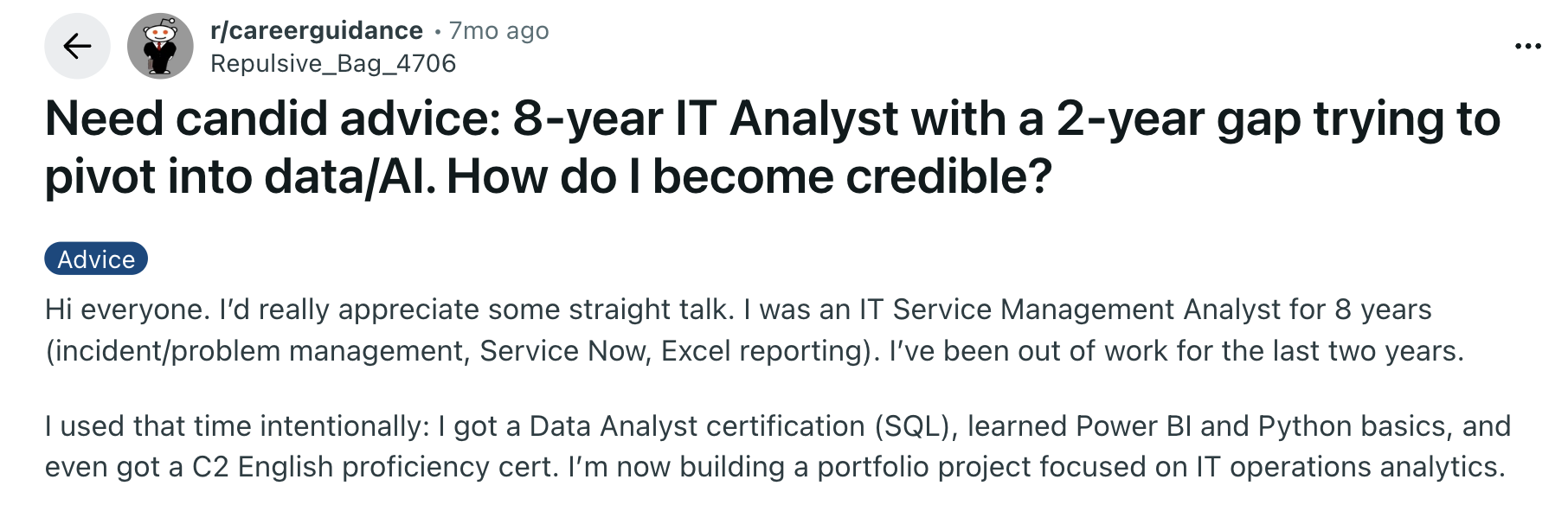 Reddit snap shot from the career guidance sub